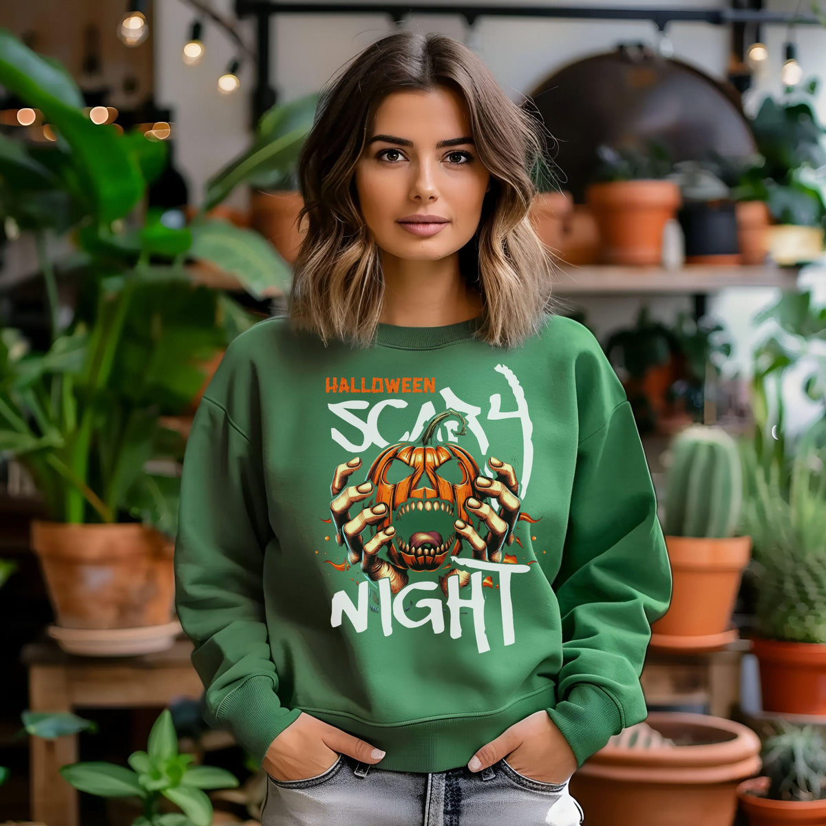 Halloween Scary Night Sweatshirt, Pumpkin Horror Crewneck, Spooky Jack O Lantern Shirt, Haunted Halloween Pullover for Fall Parties