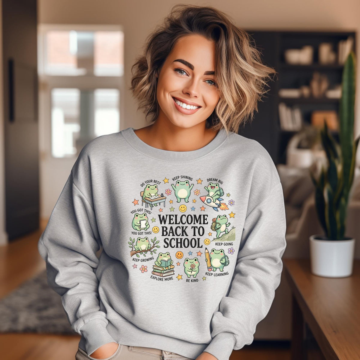Back to School Frog Sweatshirt, Cute Teacher Gift, Encouraging School Crewneck, Bookish Student Pullover, Kawaii Frog School Gift for Kids