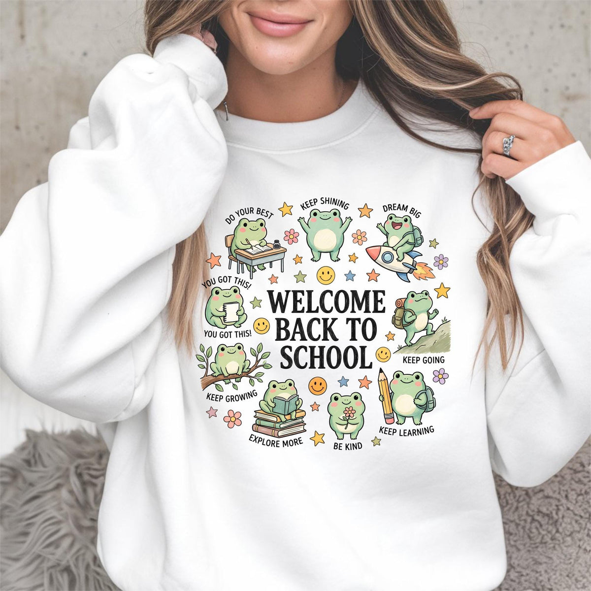 Back to School Frog Sweatshirt, Cute Teacher Gift, Encouraging School Crewneck, Bookish Student Pullover, Kawaii Frog School Gift for Kids