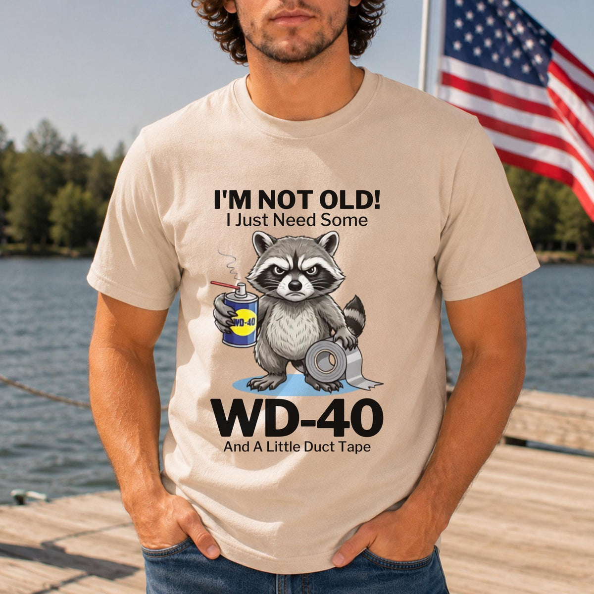 Funny Raccoon T-Shirt, I'm Not Old I Just Need Some WD-40 and Duct Tape, Garage Humor Shirt, Mechanic Gift, Aging Joke Tee for Adults