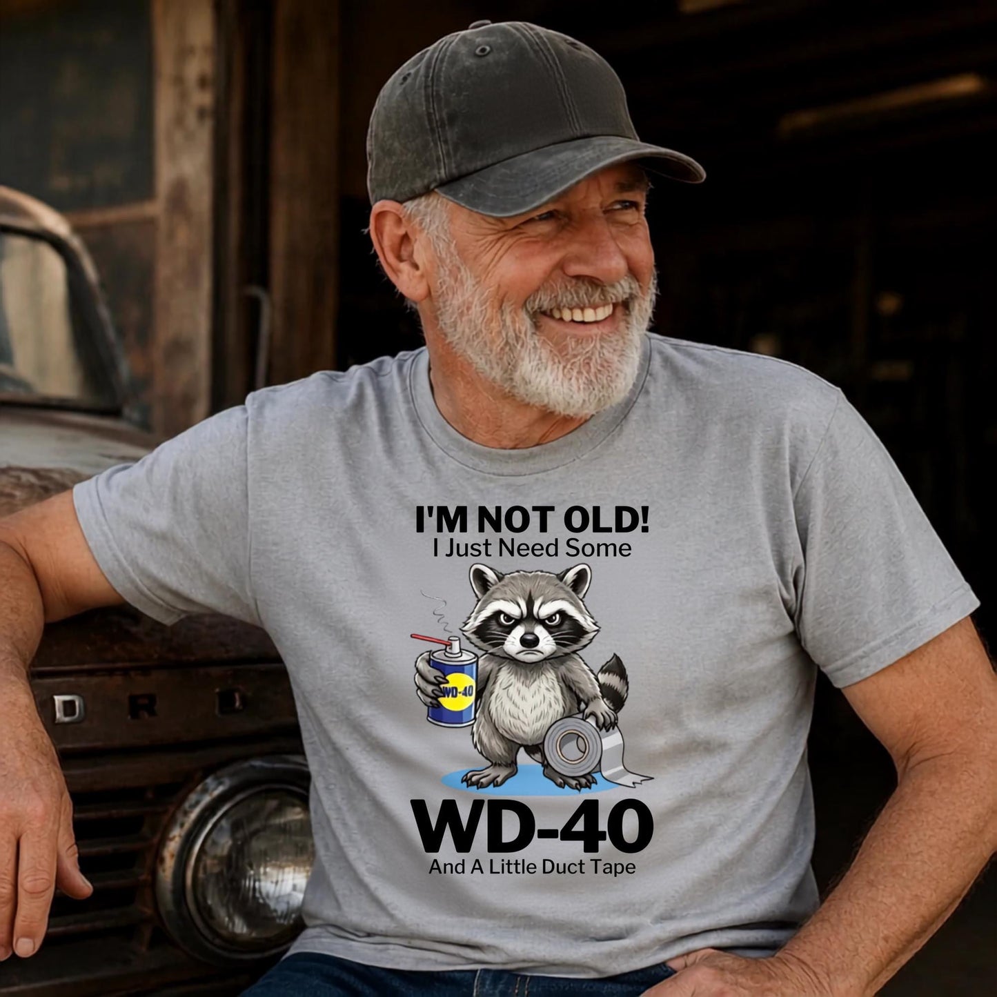 Funny Raccoon T-Shirt, I'm Not Old I Just Need Some WD-40 and Duct Tape, Garage Humor Shirt, Mechanic Gift, Aging Joke Tee for Adults