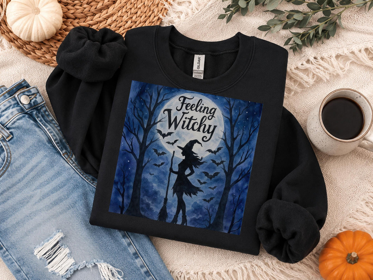 Feeling Witchy Halloween Sweatshirt, Witch Graphic Crewneck, Spooky Bat Moon Sweatshirt, Gothic Fall Pullover for Witchy Season Style