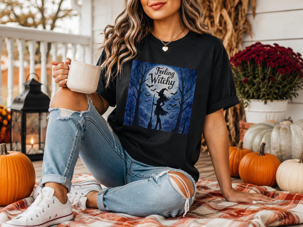 Feeling Witchy Halloween Sweatshirt, Witch Graphic Crewneck, Spooky Bat Moon Sweatshirt, Gothic Fall Pullover for Witchy Season Style