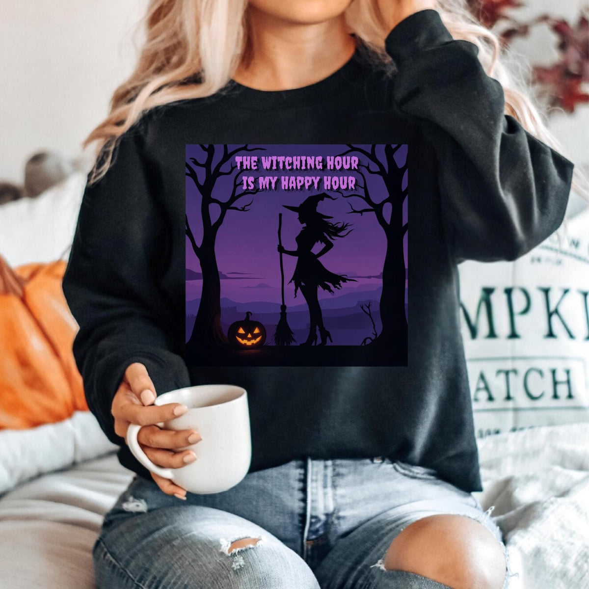 The Witching Hour Is My Happy Hour Sweatshirt, Halloween Witch Crewneck, Spooky Pumpkin Sweatshirt, Gothic Autumn Pullover Gift Rest