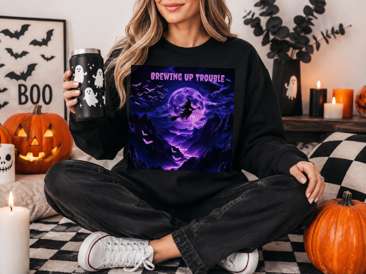 Brewing Up Trouble Sweatshirt, Witchy Halloween Crewneck, Purple Moon Bat Shirt, Gothic Witch Sweater, Spooky Season Gift for Her Him
