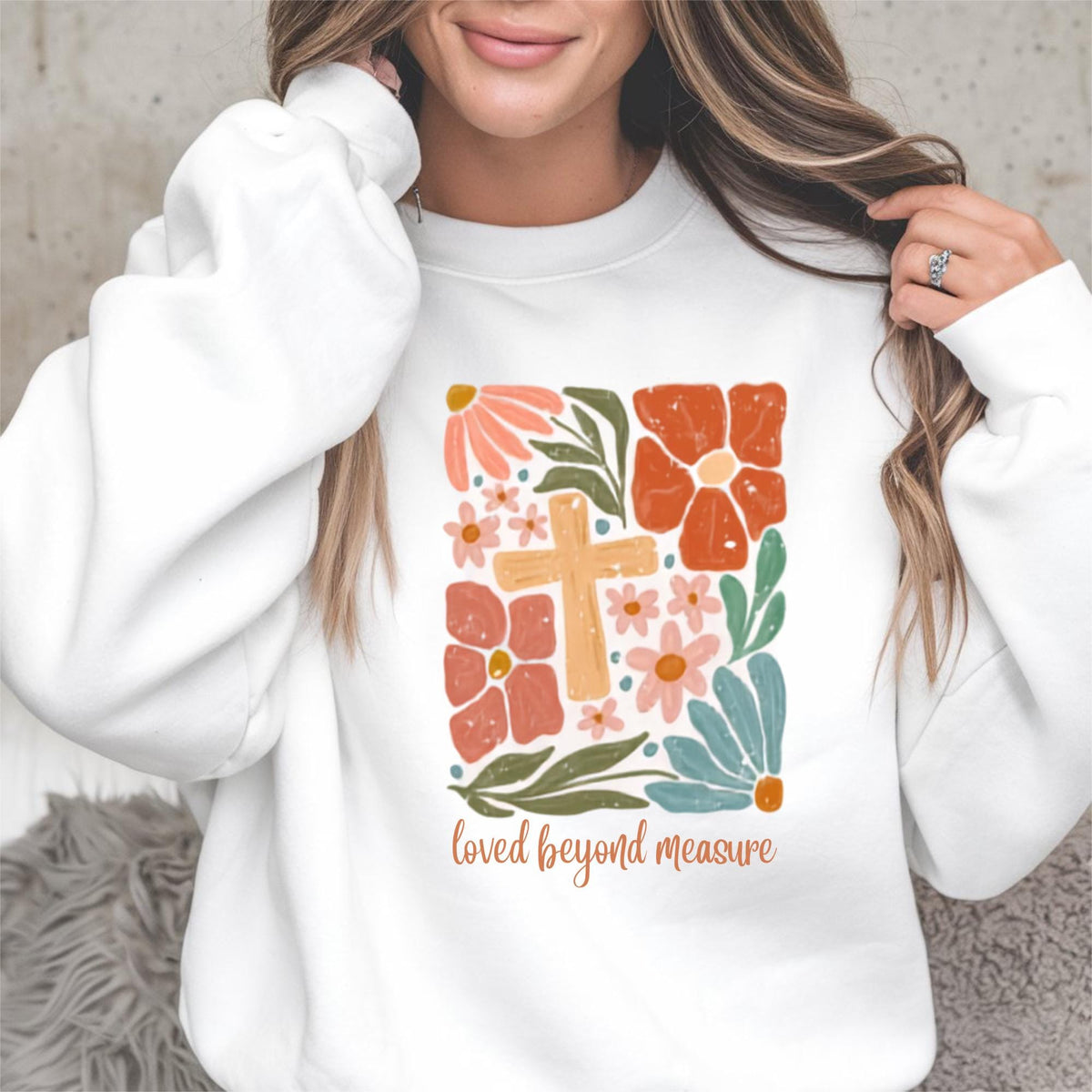 Loved Beyond Measure Sweatshirt, Floral Cross Crewneck, Christian Faith Gift, Inspirational Religious Pullover, Unisex Cozy Top Gift