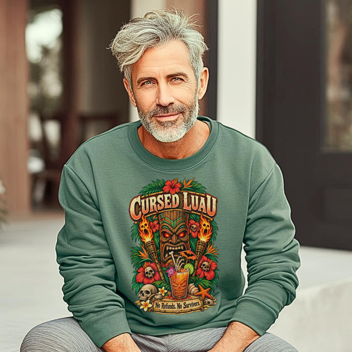 Cursed Luau Sweatshirt, Tropical Tiki Halloween Crewneck, Spooky Hawaiian Party Pullover, Skull Cocktail Graphic Sweatshirt Gift Idea