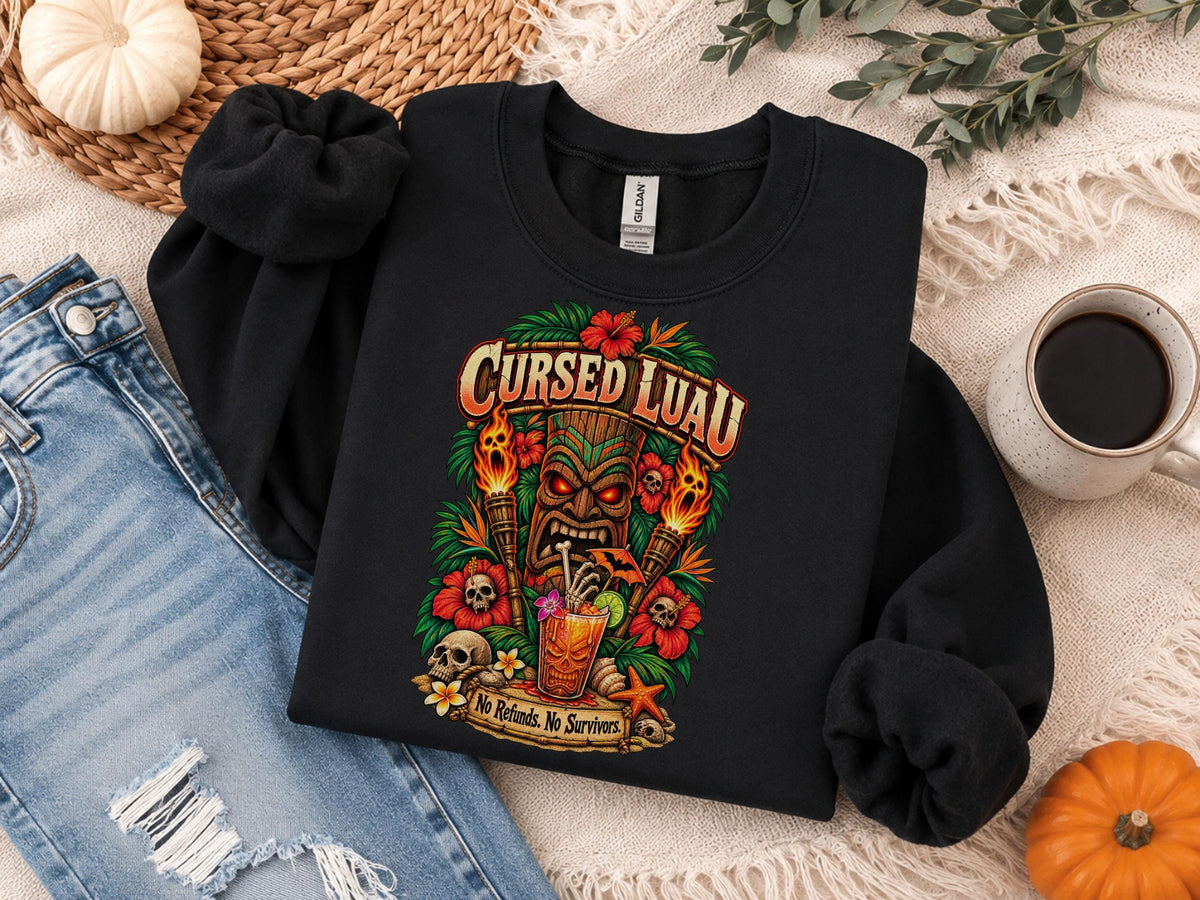 Cursed Luau Sweatshirt, Tropical Tiki Halloween Crewneck, Spooky Hawaiian Party Pullover, Skull Cocktail Graphic Sweatshirt Gift Idea
