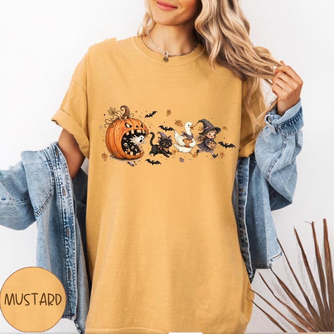 Halloween Pumpkin Sweatshirt, Witch Girl Cat and Duck Design, Cute Spooky Autumn Crewneck, Fall Halloween Gift for Magic Lovers