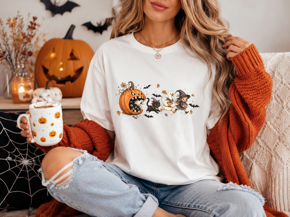 Halloween Pumpkin Sweatshirt, Witch Girl Cat and Duck Design, Cute Spooky Autumn Crewneck, Fall Halloween Gift for Magic Lovers