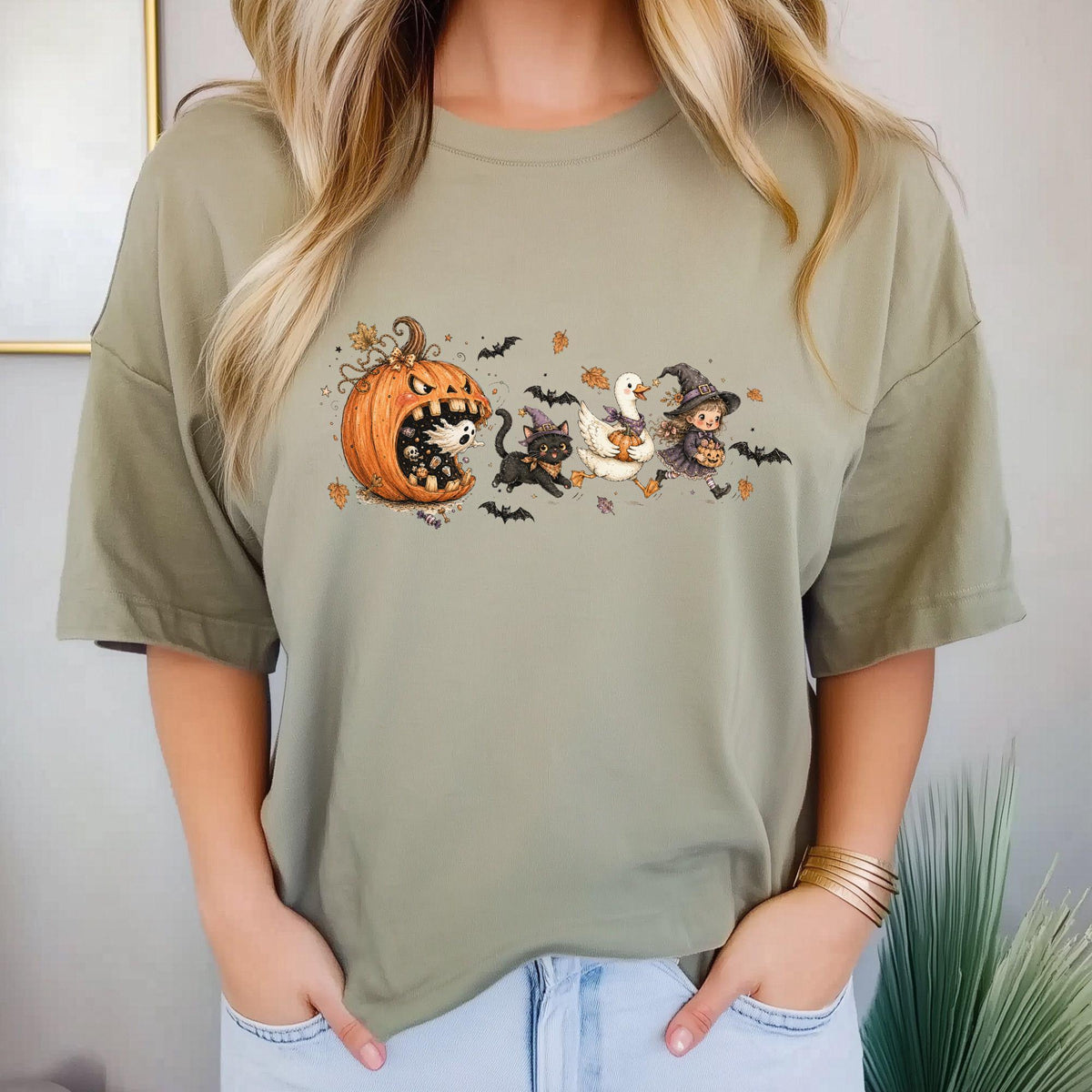 Halloween Pumpkin Sweatshirt, Witch Girl Cat and Duck Design, Cute Spooky Autumn Crewneck, Fall Halloween Gift for Magic Lovers