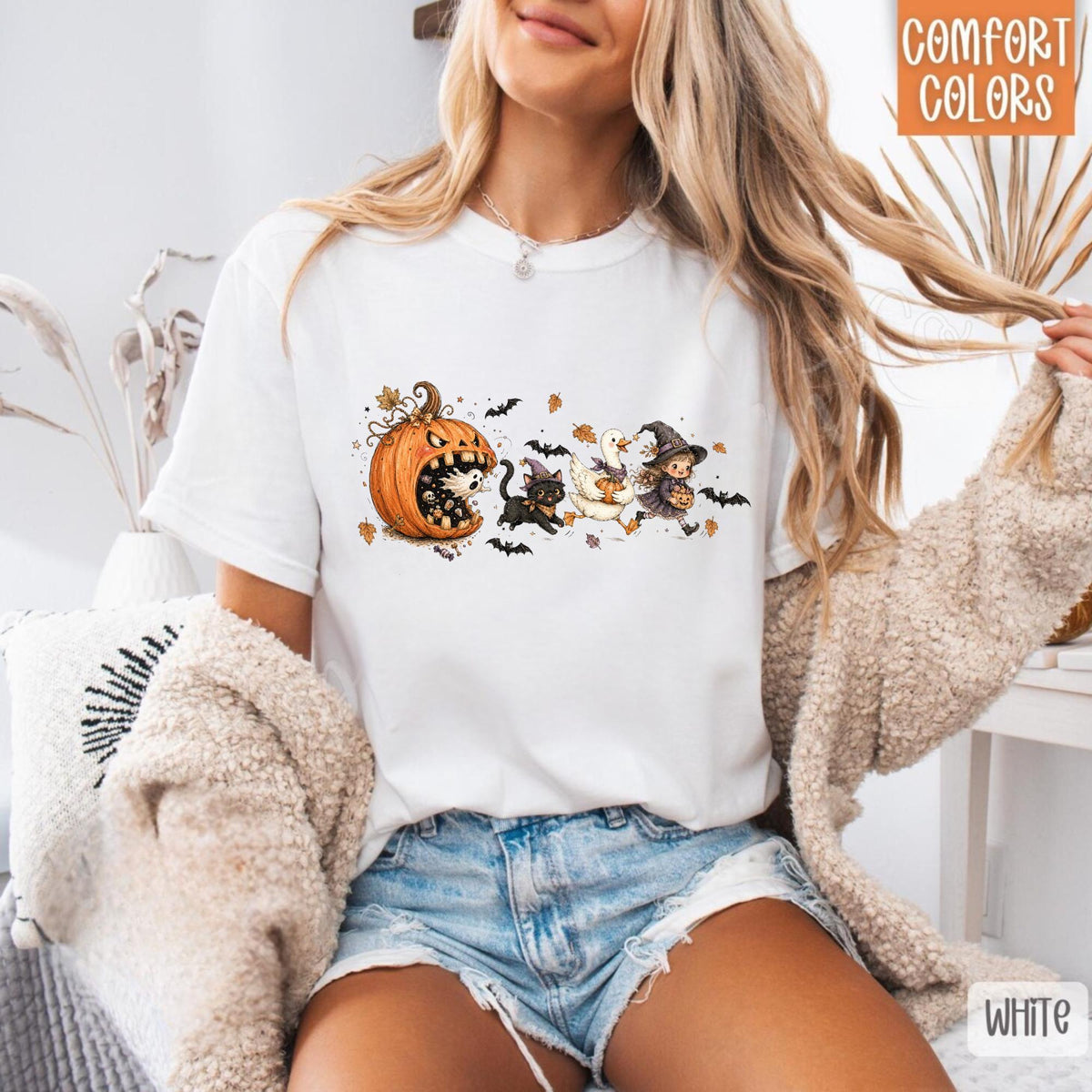 Halloween Pumpkin Sweatshirt, Witch Girl Cat and Duck Design, Cute Spooky Autumn Crewneck, Fall Halloween Gift for Magic Lovers