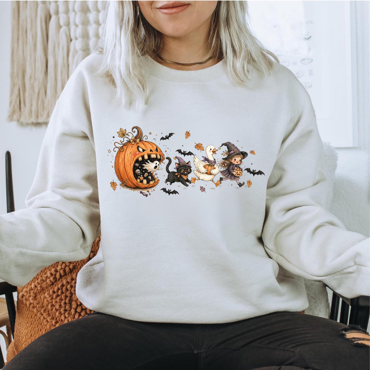 Halloween Pumpkin Sweatshirt, Witch Girl Cat and Duck Design, Cute Spooky Autumn Crewneck, Fall Halloween Gift for Magic Lovers
