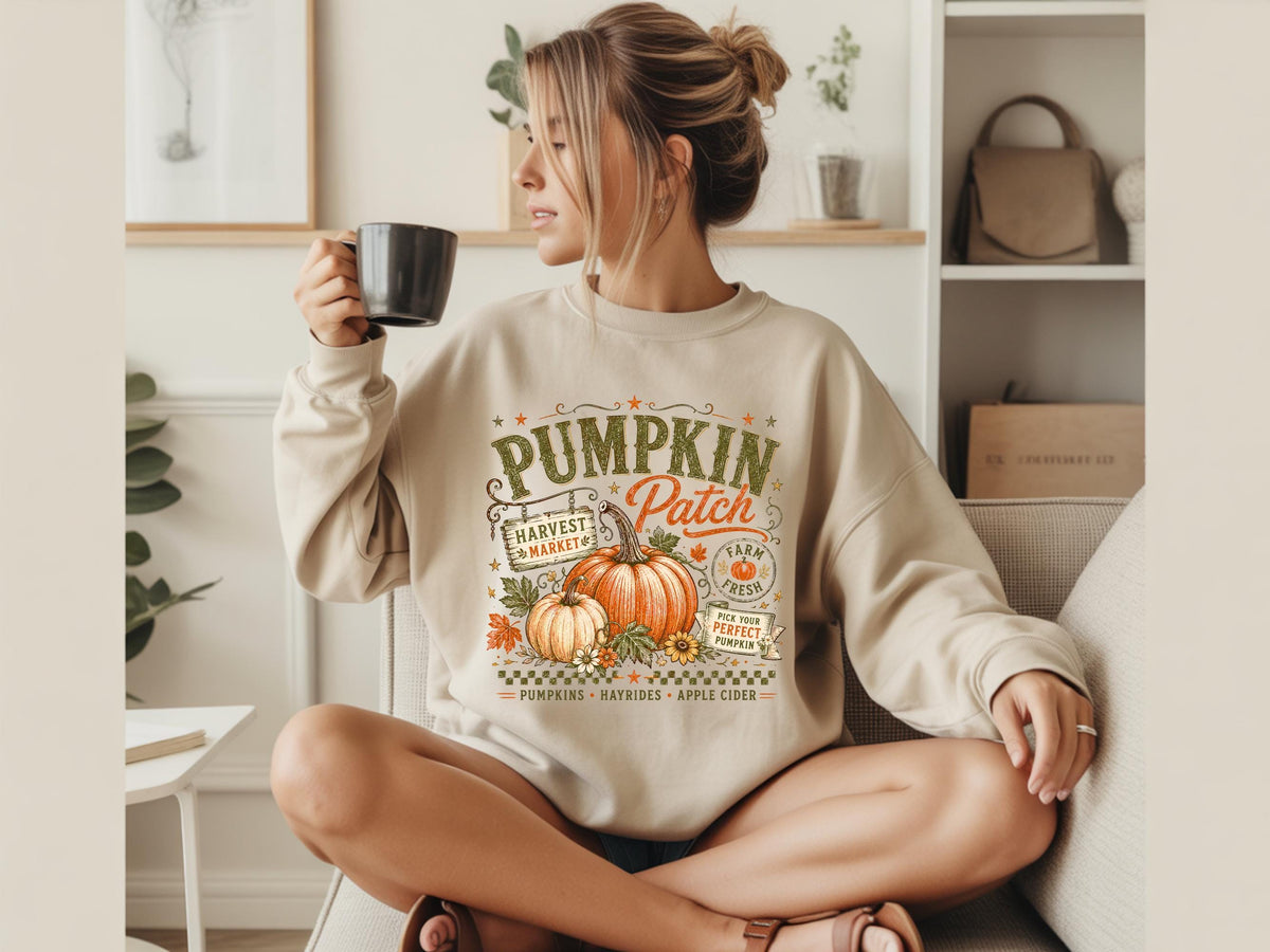 Pumpkin Patch Sweatshirt, Fall Harvest Market Crewneck, Farm Fresh Pumpkin Season Pullover, Hayride Apple Cider Autumn Gift Idea Cozy