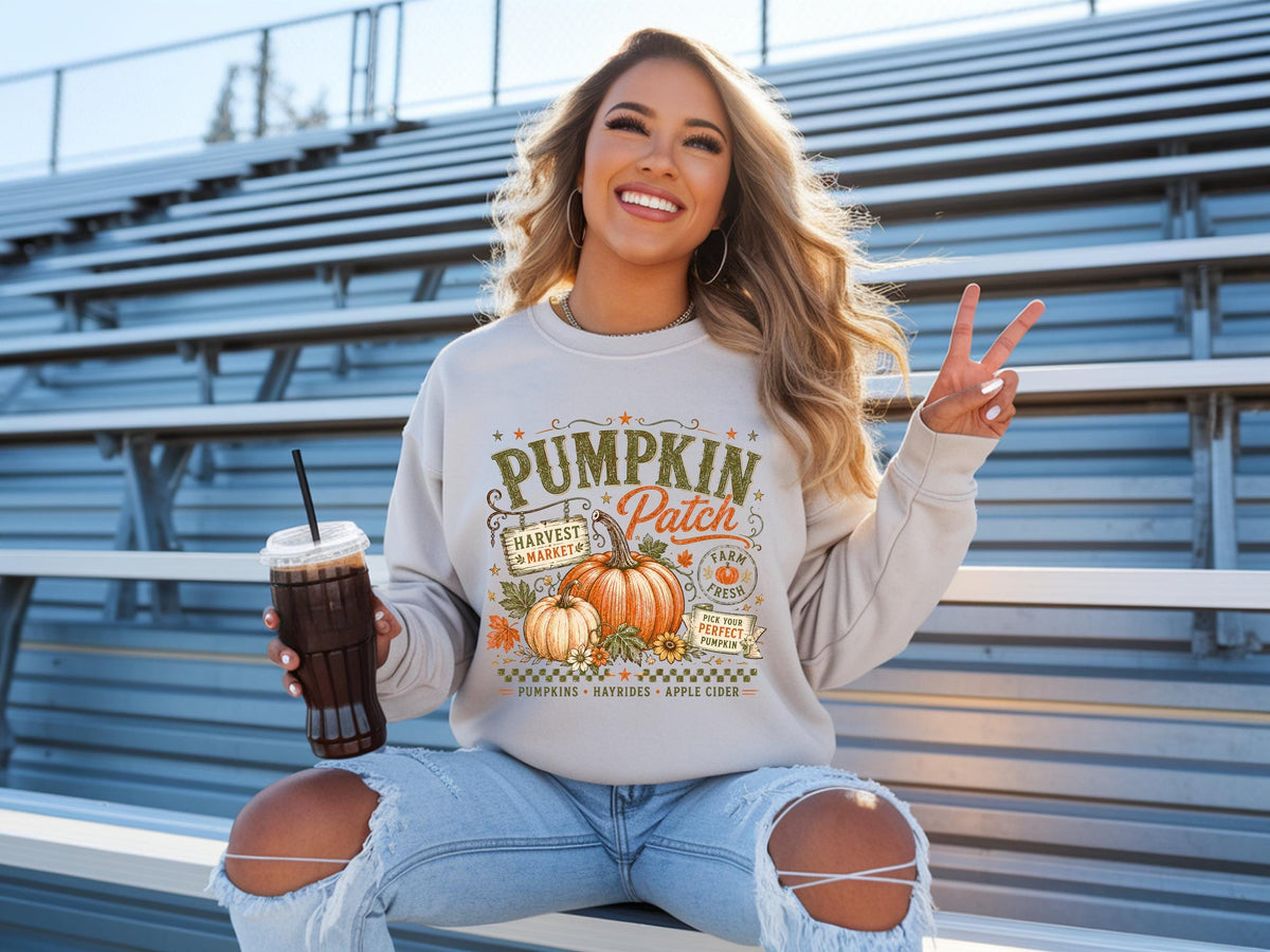 Pumpkin Patch Sweatshirt, Fall Harvest Market Crewneck, Farm Fresh Pumpkin Season Pullover, Hayride Apple Cider Autumn Gift Idea Cozy