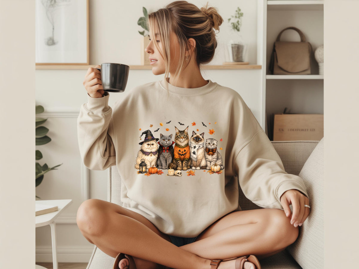 Halloween Cat Sweatshirt, Cute Spooky Cats Crewneck, Witch Kitty Pumpkin Shirt, Autumn Fall Feline Gift for Cat Lovers and Cozy Nights