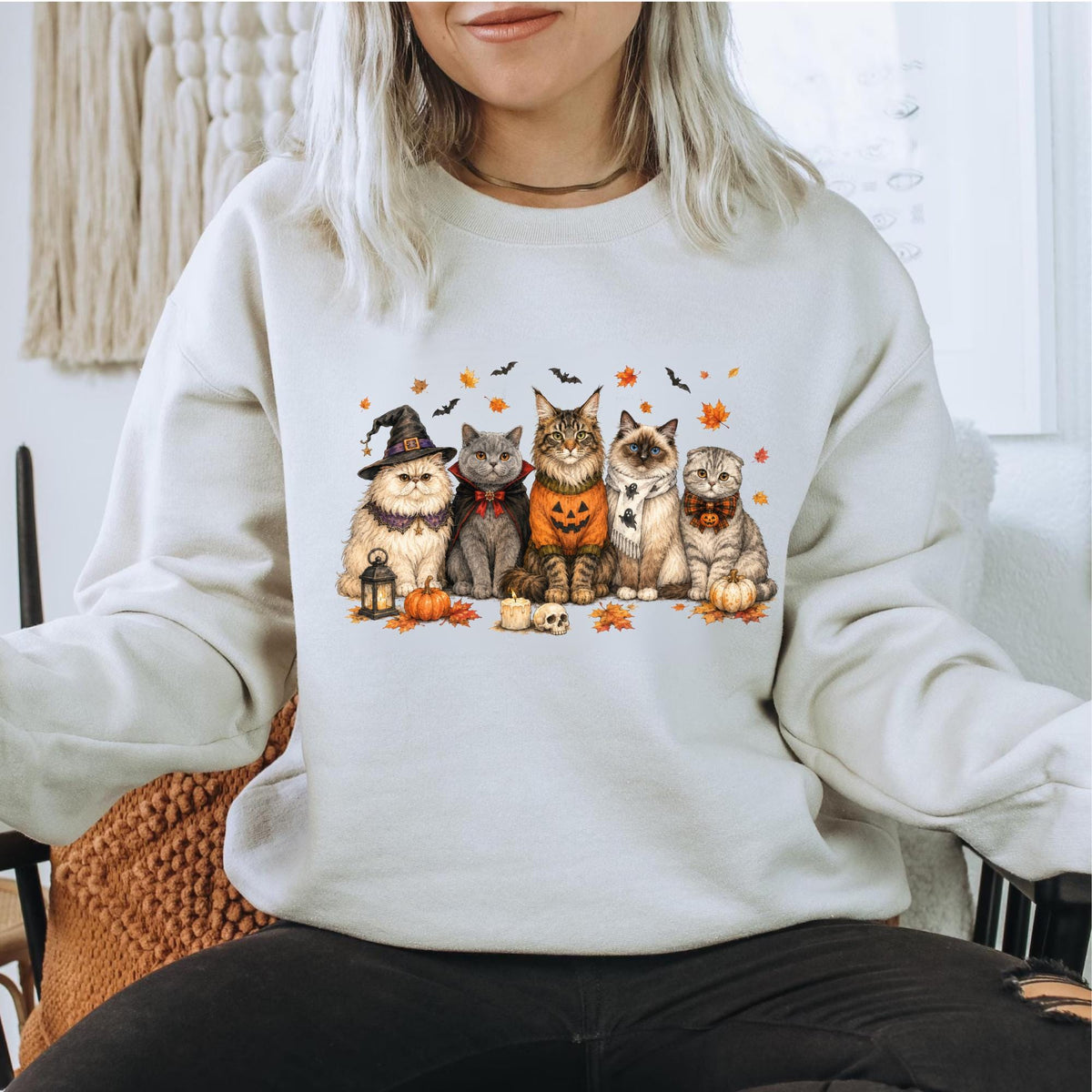 Halloween Cat Sweatshirt, Cute Spooky Cats Crewneck, Witch Kitty Pumpkin Shirt, Autumn Fall Feline Gift for Cat Lovers and Cozy Nights