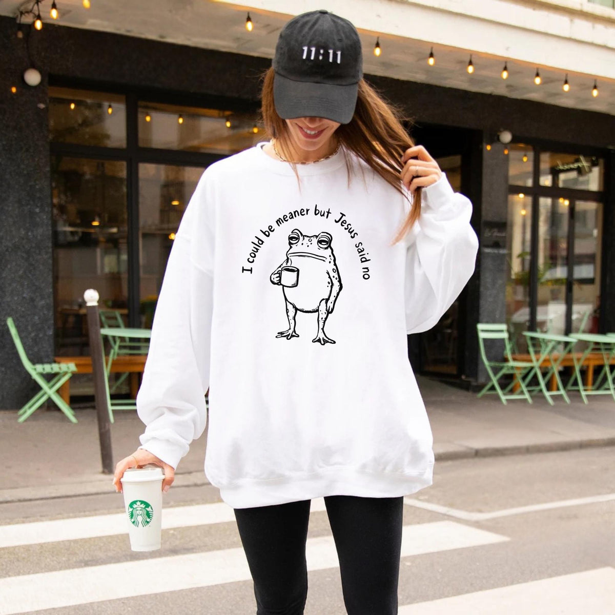Funny Christian Frog Sweatshirt, I Could Be Meaner But Jesus Said No, Cute Faith Humor Crewneck, Religious Gift for Christian Women and Men