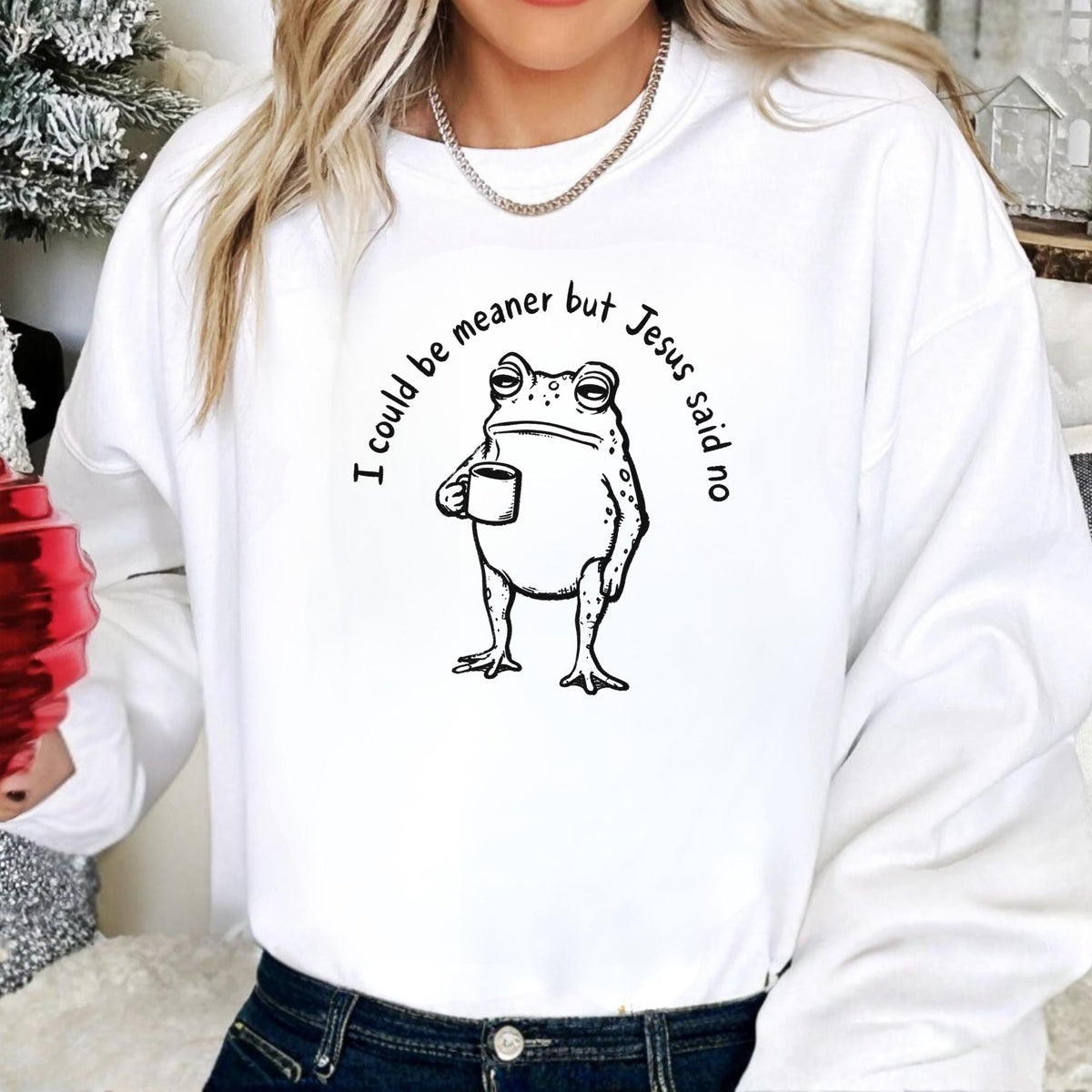 Funny Christian Frog Sweatshirt, I Could Be Meaner But Jesus Said No, Cute Faith Humor Crewneck, Religious Gift for Christian Women and Men