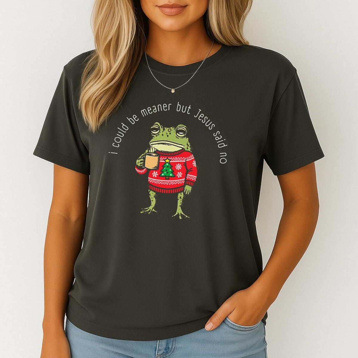 Funny Christmas Frog Shirt, I Could Be Meaner But Jesus Said Vintage Holiday Tee, Christian Christmas Gift, Cozy Unisex Graphic Top