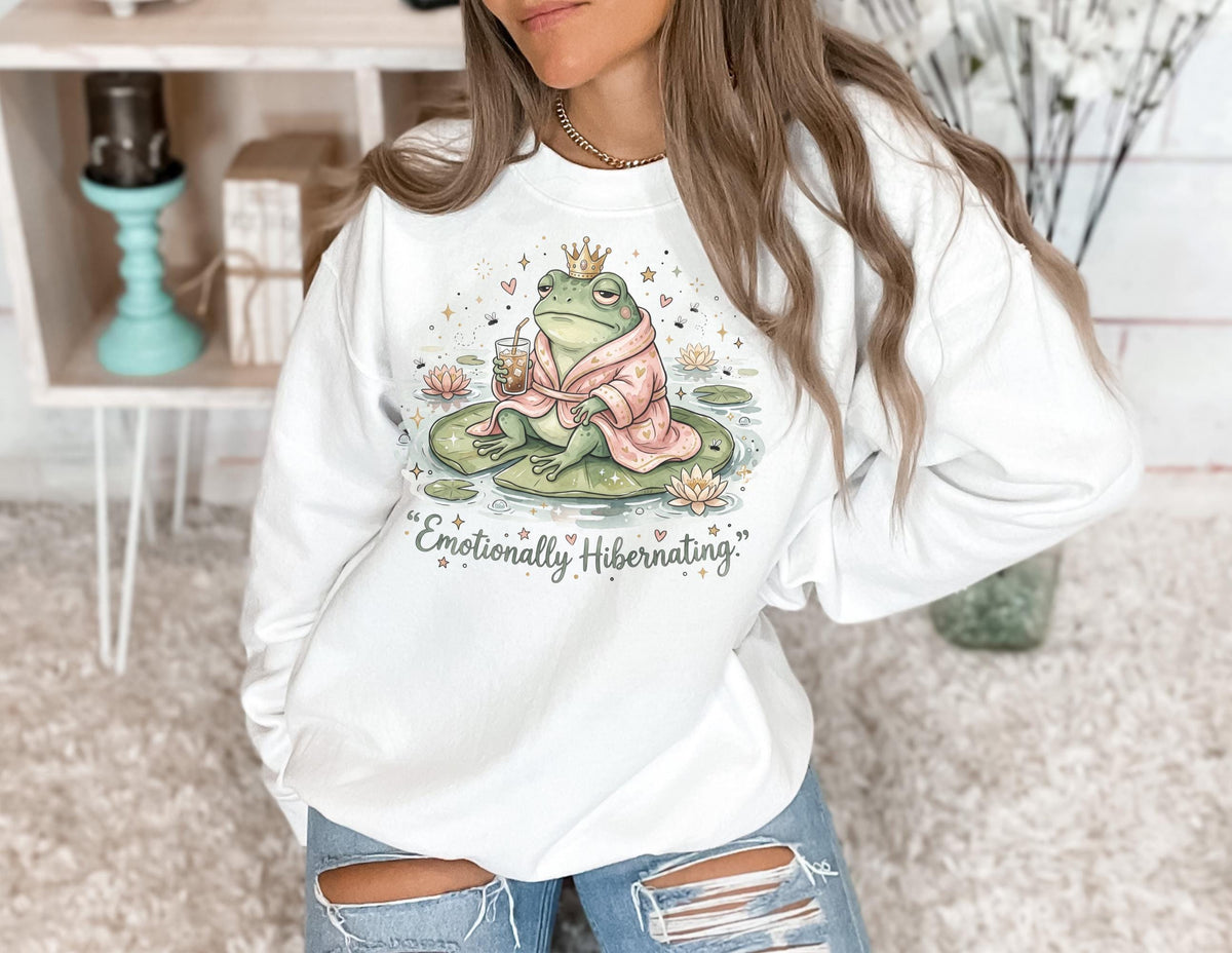 Emotionally Hibernating Frog Sweatshirt, Cozy Crowned Frog Crewneck, Robe Frog Gift, Introvert Pondcore Pullover for Quiet Days Gift