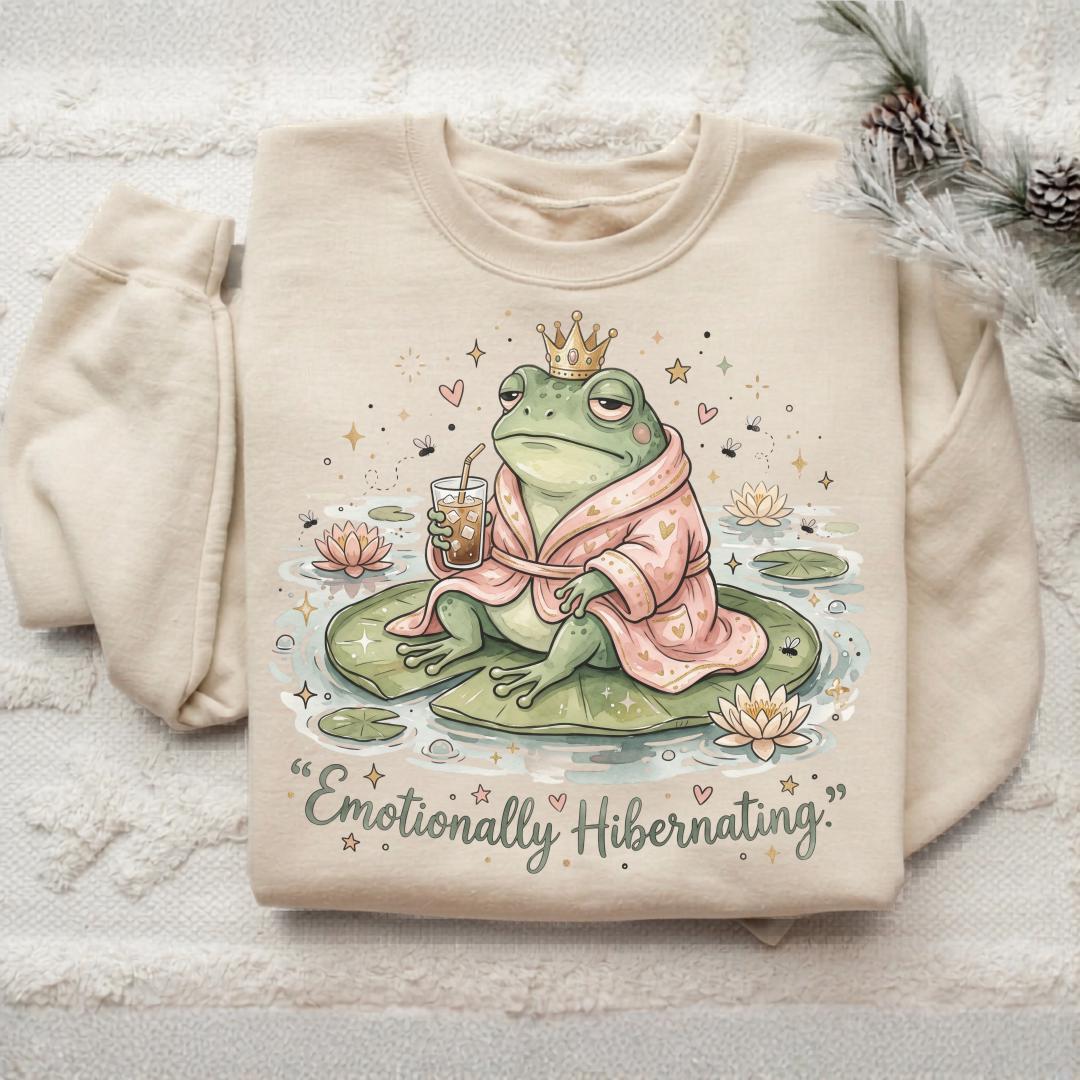 Emotionally Hibernating Frog Sweatshirt, Cozy Crowned Frog Crewneck, Robe Frog Gift, Introvert Pondcore Pullover for Quiet Days Gift