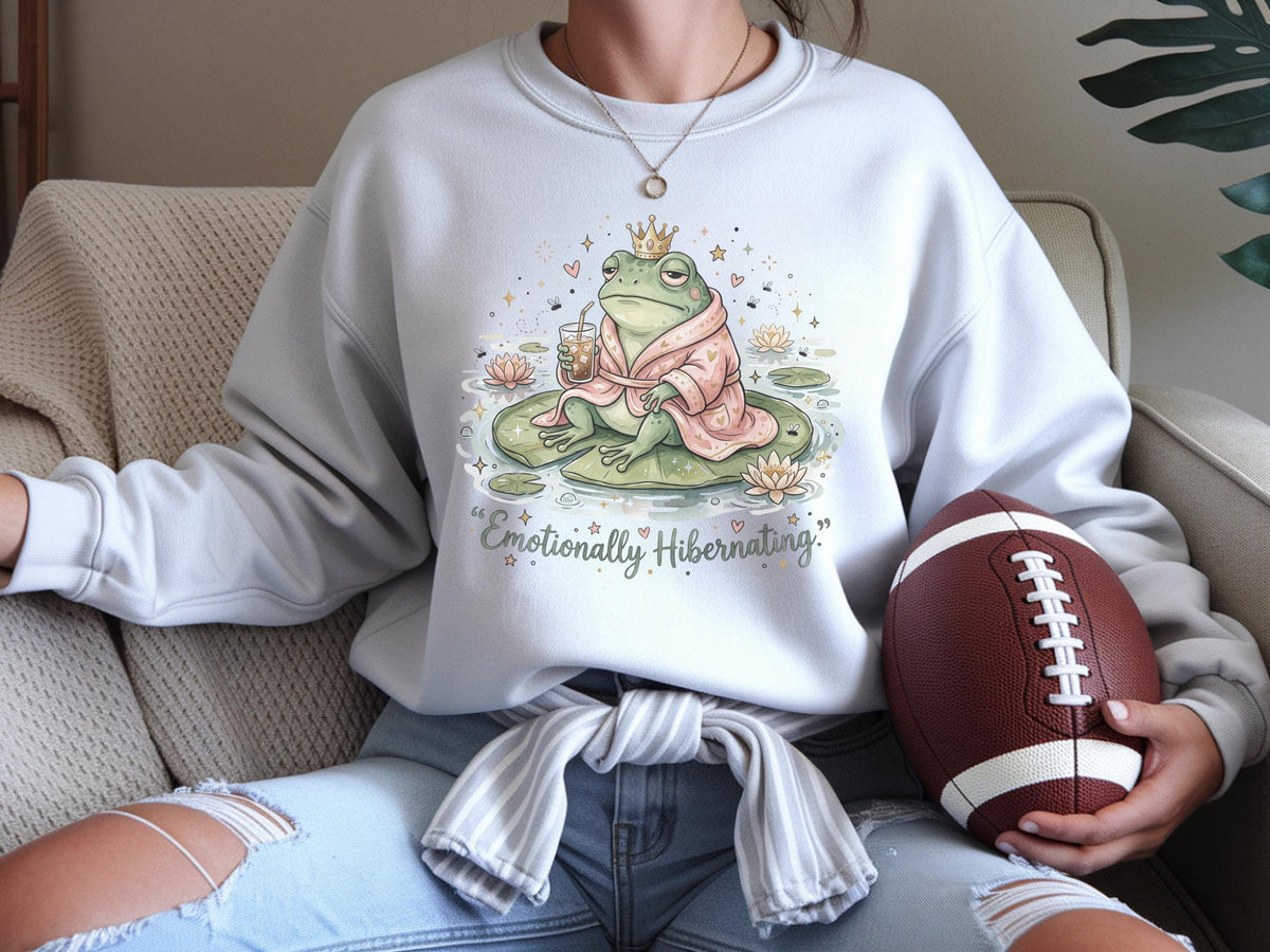 Emotionally Hibernating Frog Sweatshirt, Cozy Crowned Frog Crewneck, Robe Frog Gift, Introvert Pondcore Pullover for Quiet Days Gift