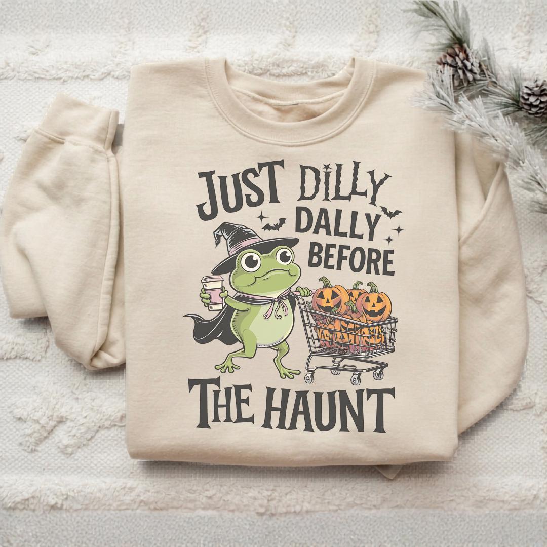 Funny Halloween Frog Sweatshirt, Just Dilly Dally Before the Haunt Crewneck, Witchy Pumpkin Shopping Pullover, Spooky Season Gift Idea
