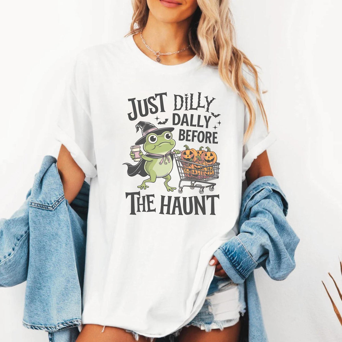 Funny Halloween Frog Sweatshirt, Just Dilly Dally Before the Haunt Crewneck, Witchy Pumpkin Shopping Pullover, Spooky Season Gift Idea