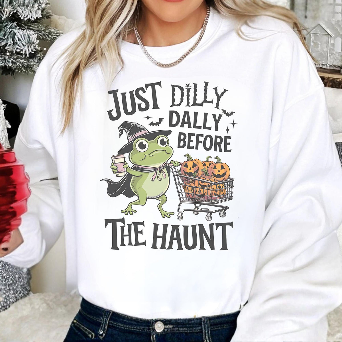 Funny Halloween Frog Sweatshirt, Just Dilly Dally Before the Haunt Crewneck, Witchy Pumpkin Shopping Pullover, Spooky Season Gift Idea