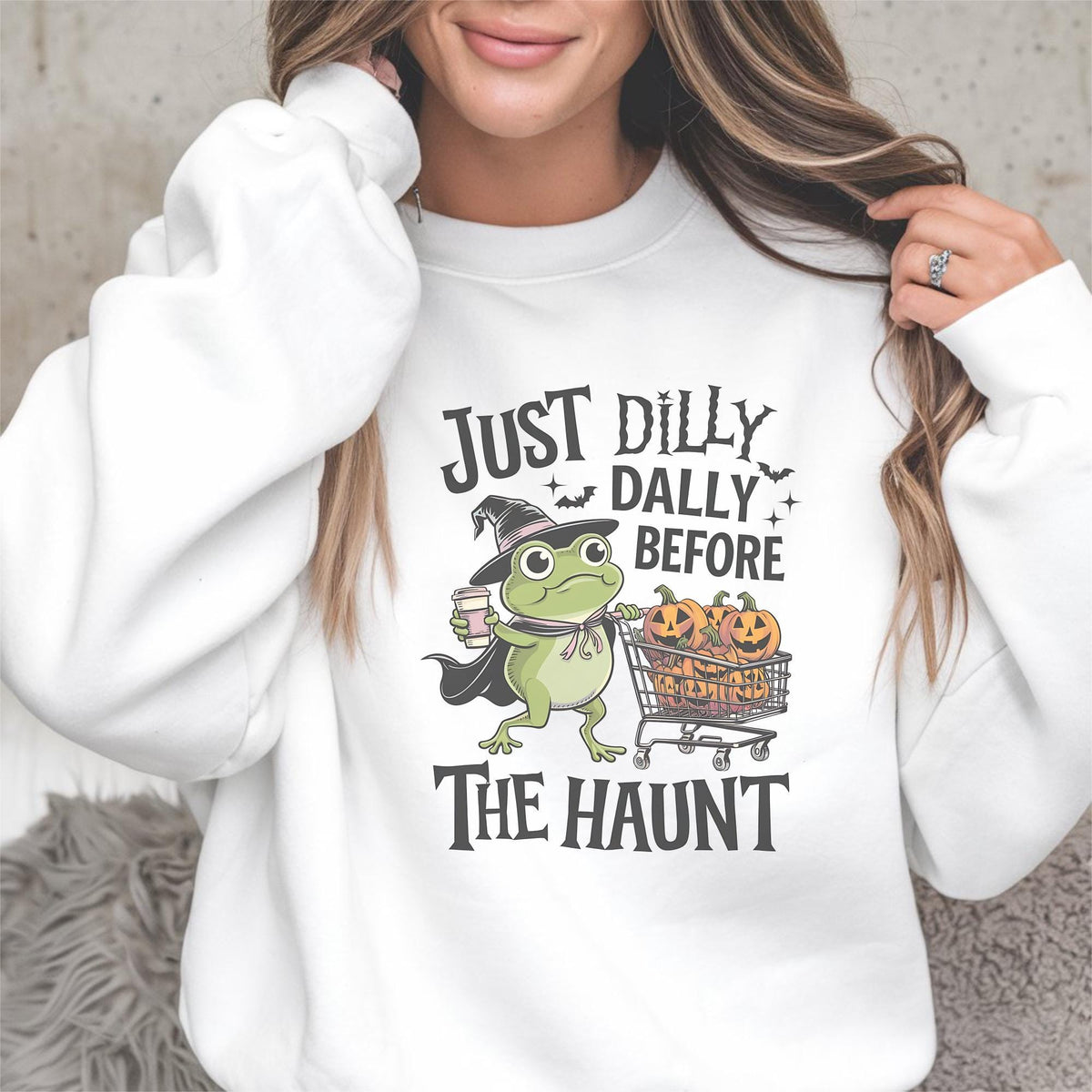 Funny Halloween Frog Sweatshirt, Just Dilly Dally Before the Haunt Crewneck, Witchy Pumpkin Shopping Pullover, Spooky Season Gift Idea