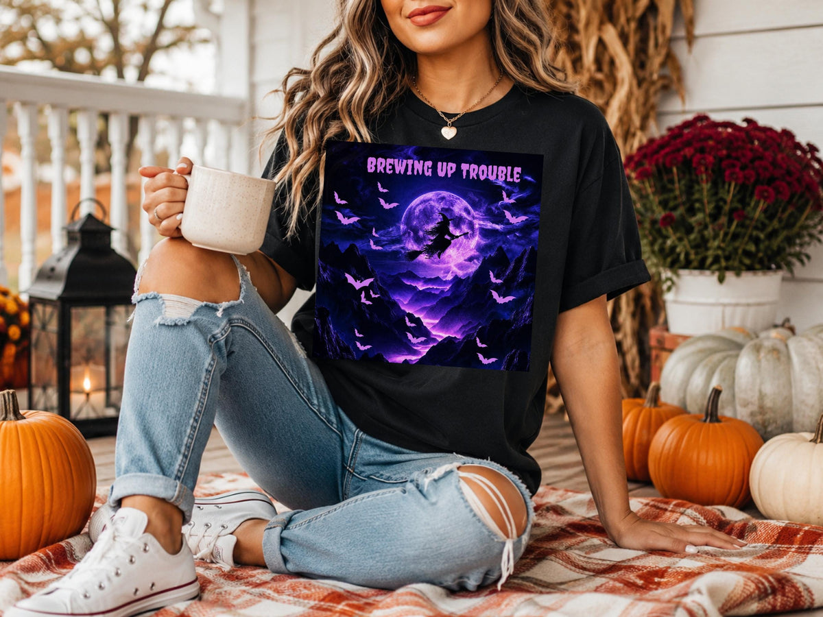 Brewing Up Trouble Sweatshirt, Witchy Halloween Crewneck, Purple Bat Moon Design, Spooky Gothic Autumn Pullover for Occult Lovers Gift
