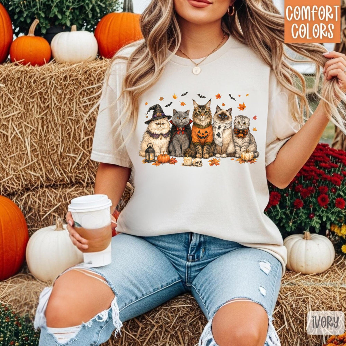 Halloween Cat Shirt, Witchy Cat T-Shirt, Spooky Kitty Graphic Tee, Autumn Cat Lover Gift, Cute Vintage Halloween Outfit for Women Men