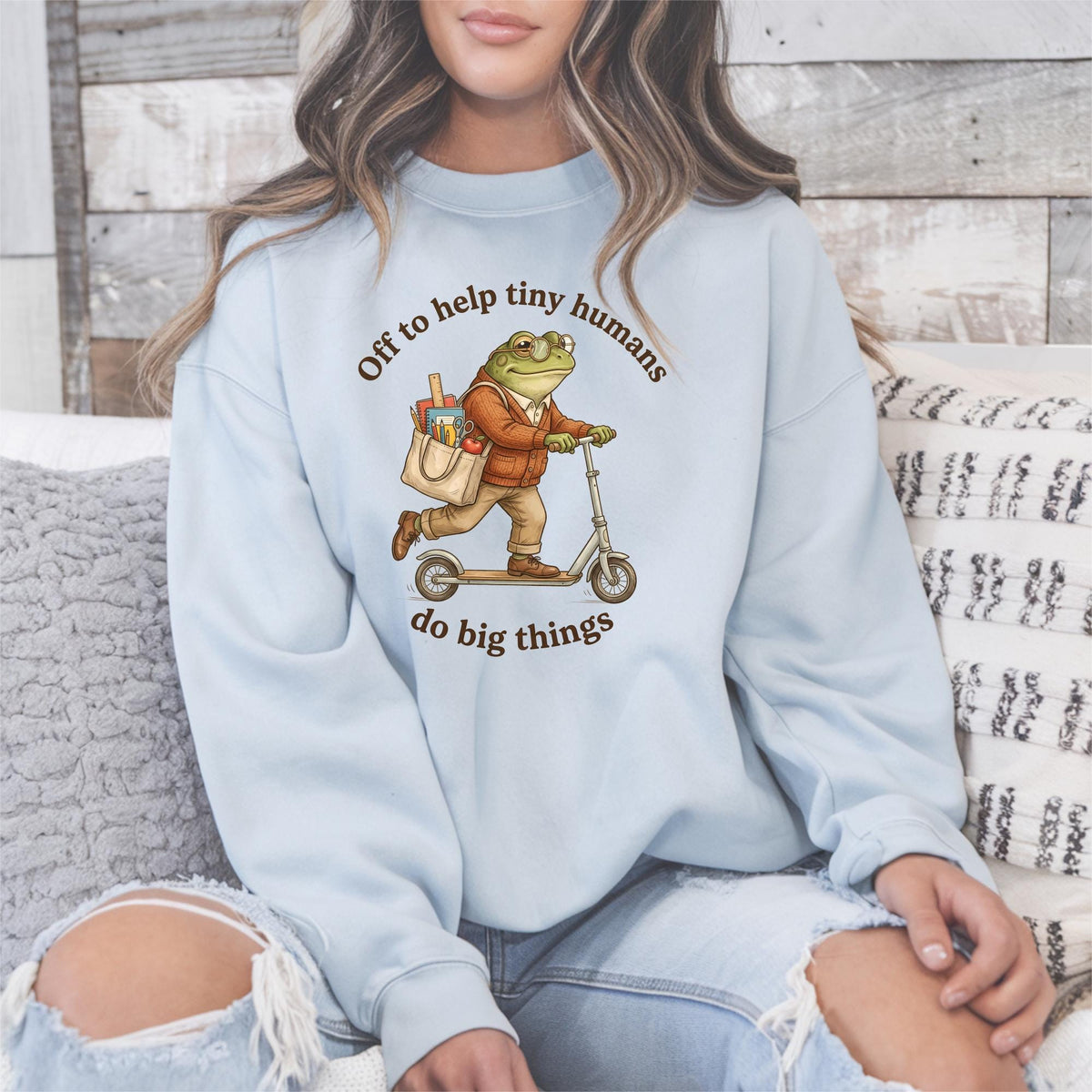 Off to Help Tiny Humans Sweatshirt, Funny Frog Teacher Crewneck, School Staff Gift, Educator Pullover, Do Big Things Sweater Gift Idea