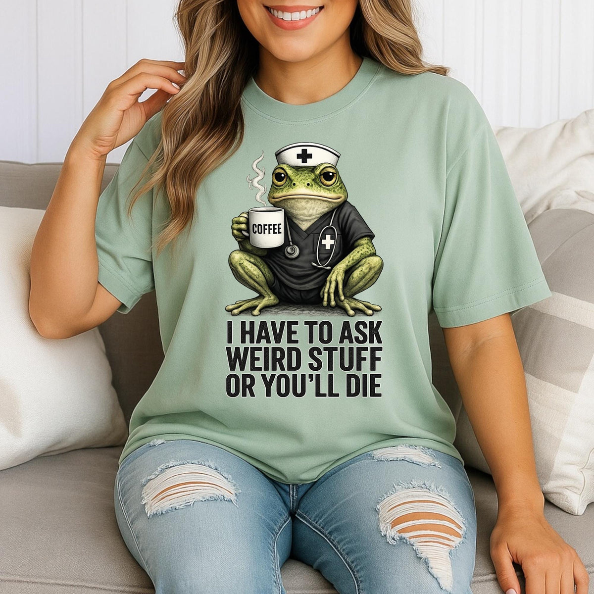 Funny Frog Nurse Sweatshirt, Coffee Frog Medical Crewneck, Weird Nurse Humor Pullover, Cute Healthcare Worker Gift, Dark Humor Apparel
