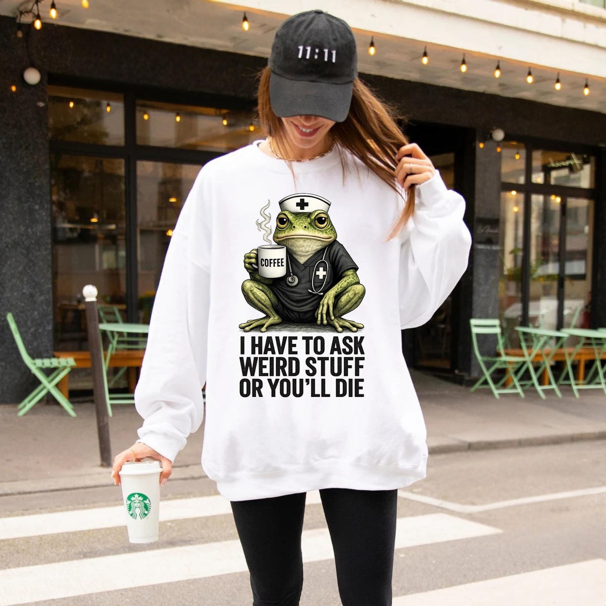 Funny Frog Nurse Sweatshirt, Coffee Frog Medical Crewneck, Weird Nurse Humor Pullover, Cute Healthcare Worker Gift, Dark Humor Apparel