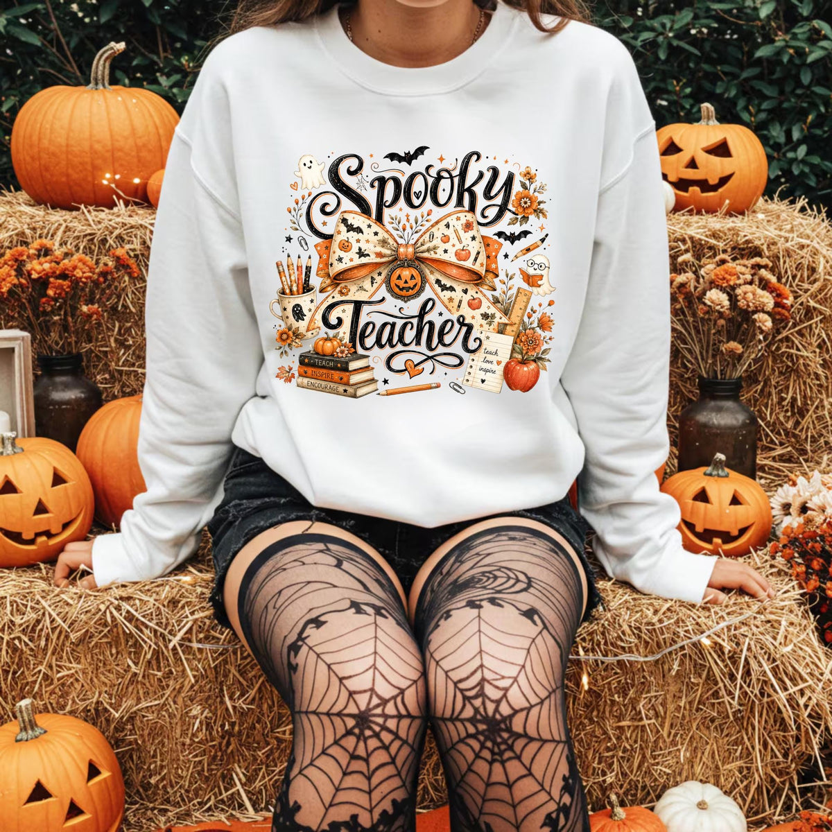Spooky Teacher Sweatshirt, Halloween Teacher Crewneck, Fall School Spirit Pullover, Ghost Pumpkin Bow Classroom Gift for Educators