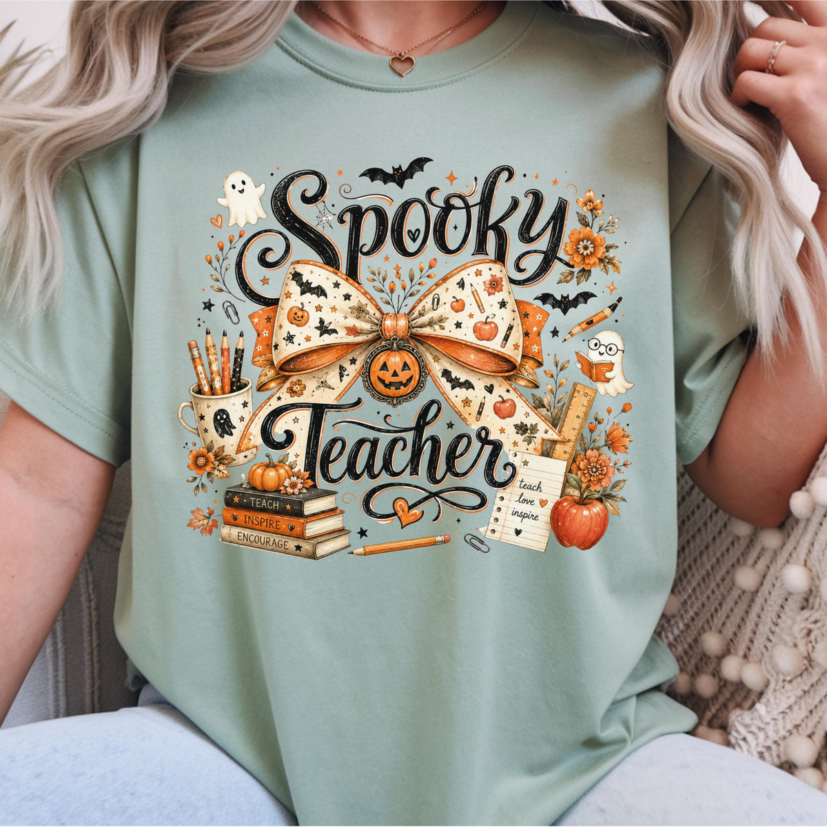 Spooky Teacher Sweatshirt, Halloween Teacher Crewneck, Fall School Spirit Pullover, Ghost Pumpkin Bow Classroom Gift for Educators