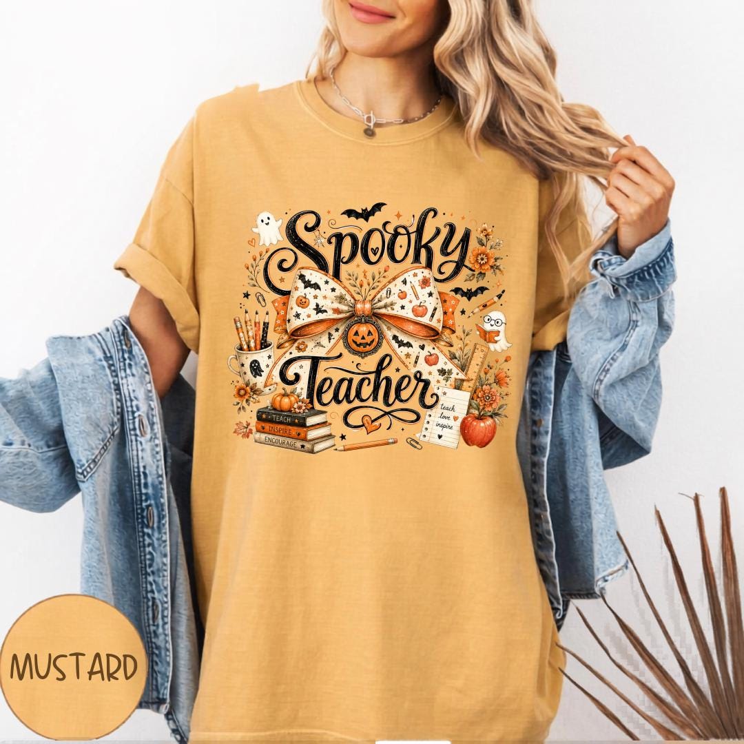 Spooky Teacher Sweatshirt, Halloween Teacher Crewneck, Fall School Spirit Pullover, Ghost Pumpkin Bow Classroom Gift for Educators