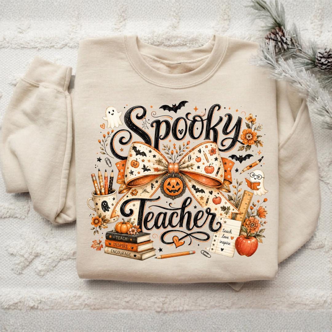 Spooky Teacher Sweatshirt, Halloween Teacher Crewneck, Fall School Spirit Pullover, Ghost Pumpkin Bow Classroom Gift for Educators