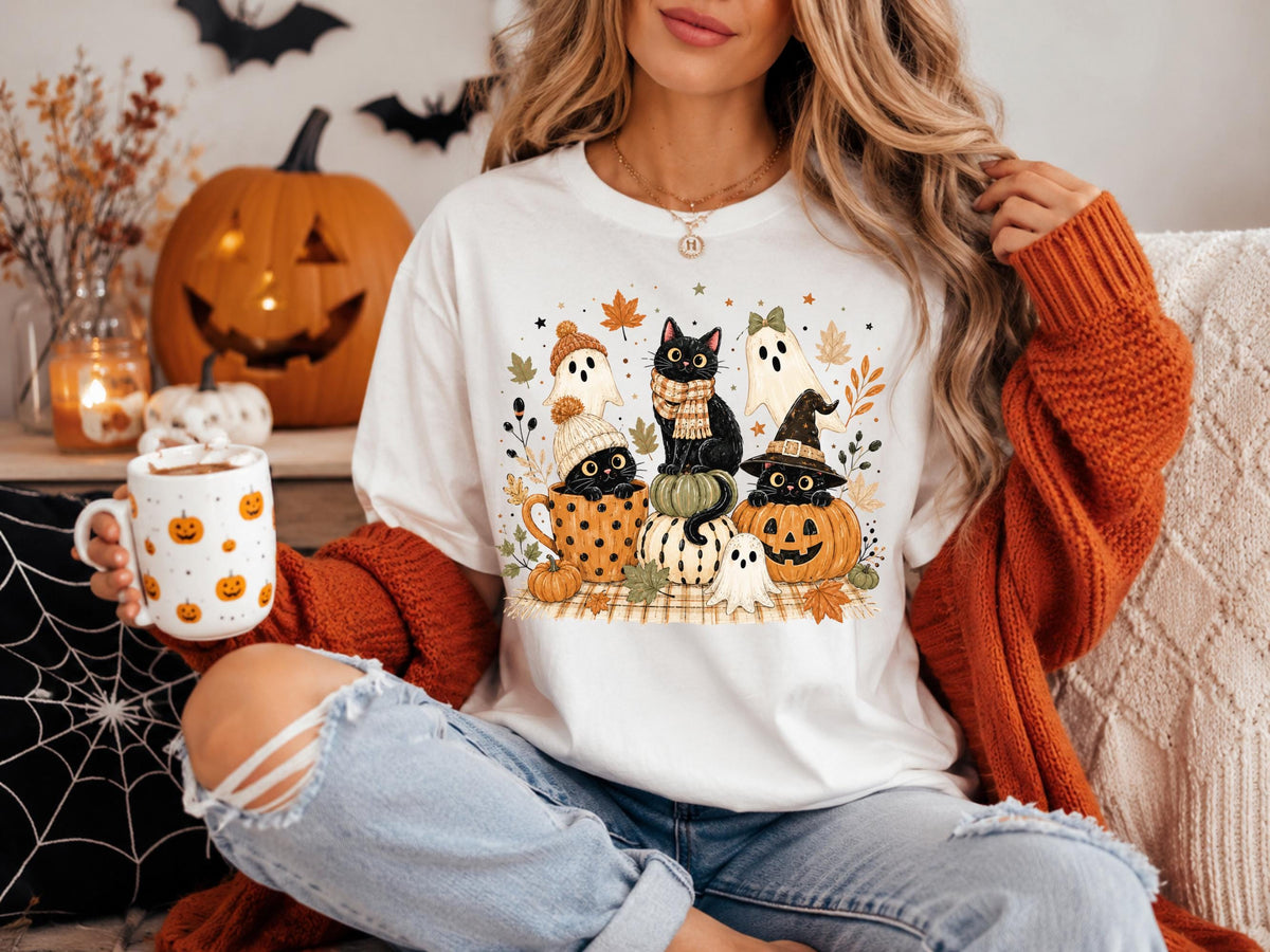 Halloween Cat Sweatshirt, Fall Ghost Pumpkin Crewneck, Cute Witchy Black Cat Autumn Pullover, Spooky Season Gift for Cat Lovers and Fans
