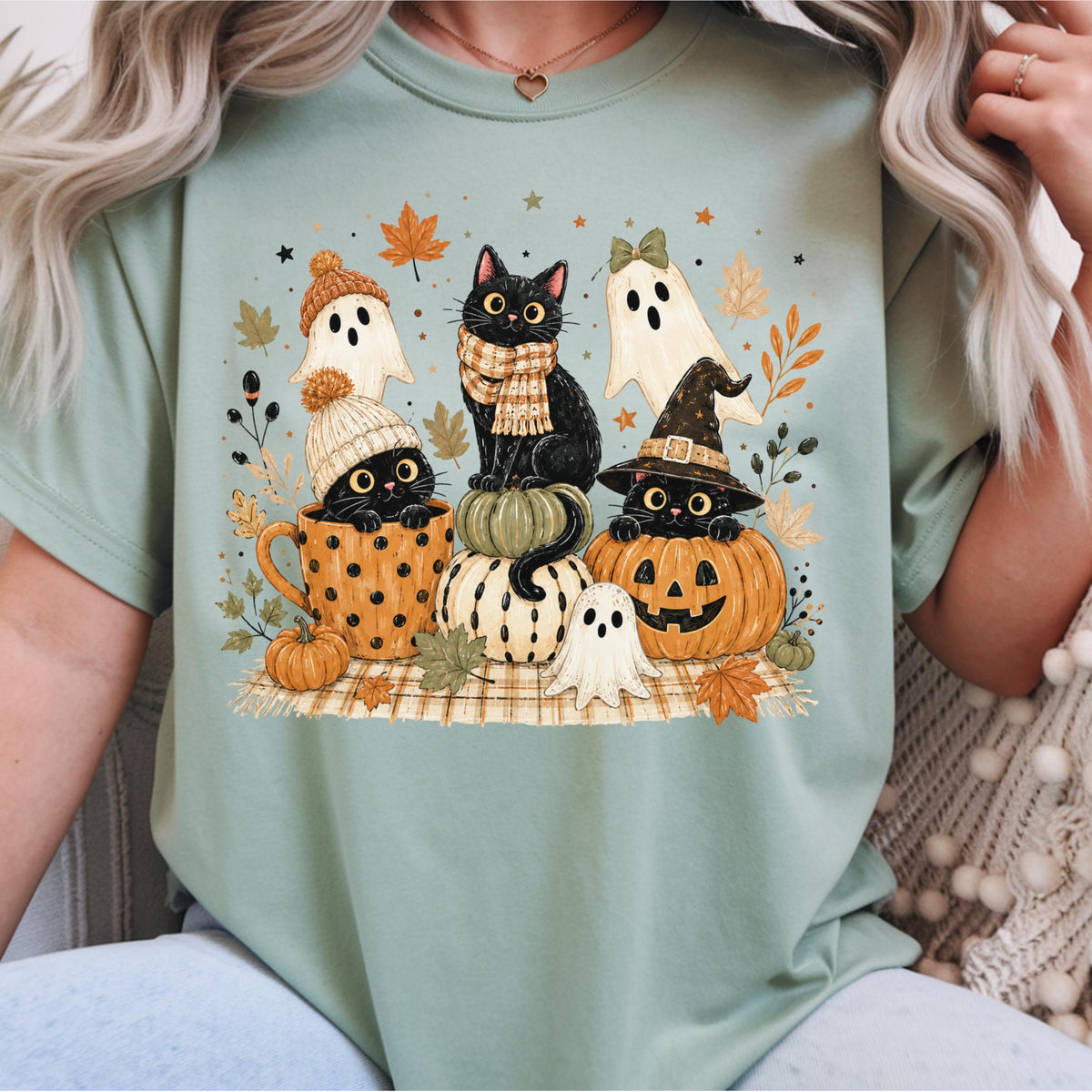 Halloween Cat Sweatshirt, Fall Ghost Pumpkin Crewneck, Cute Witchy Black Cat Autumn Pullover, Spooky Season Gift for Cat Lovers and Fans