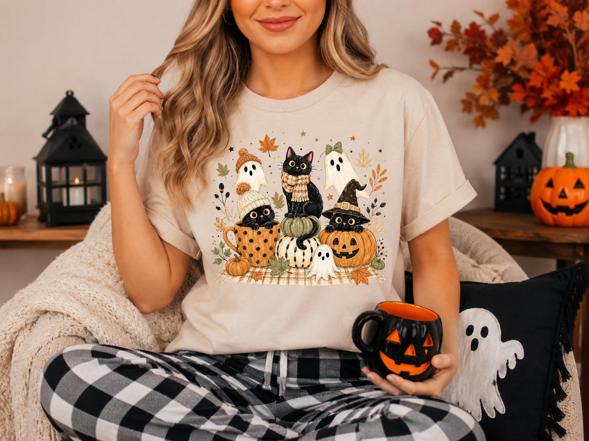 Halloween Cat Sweatshirt, Fall Ghost Pumpkin Crewneck, Cute Witchy Black Cat Autumn Pullover, Spooky Season Gift for Cat Lovers and Fans