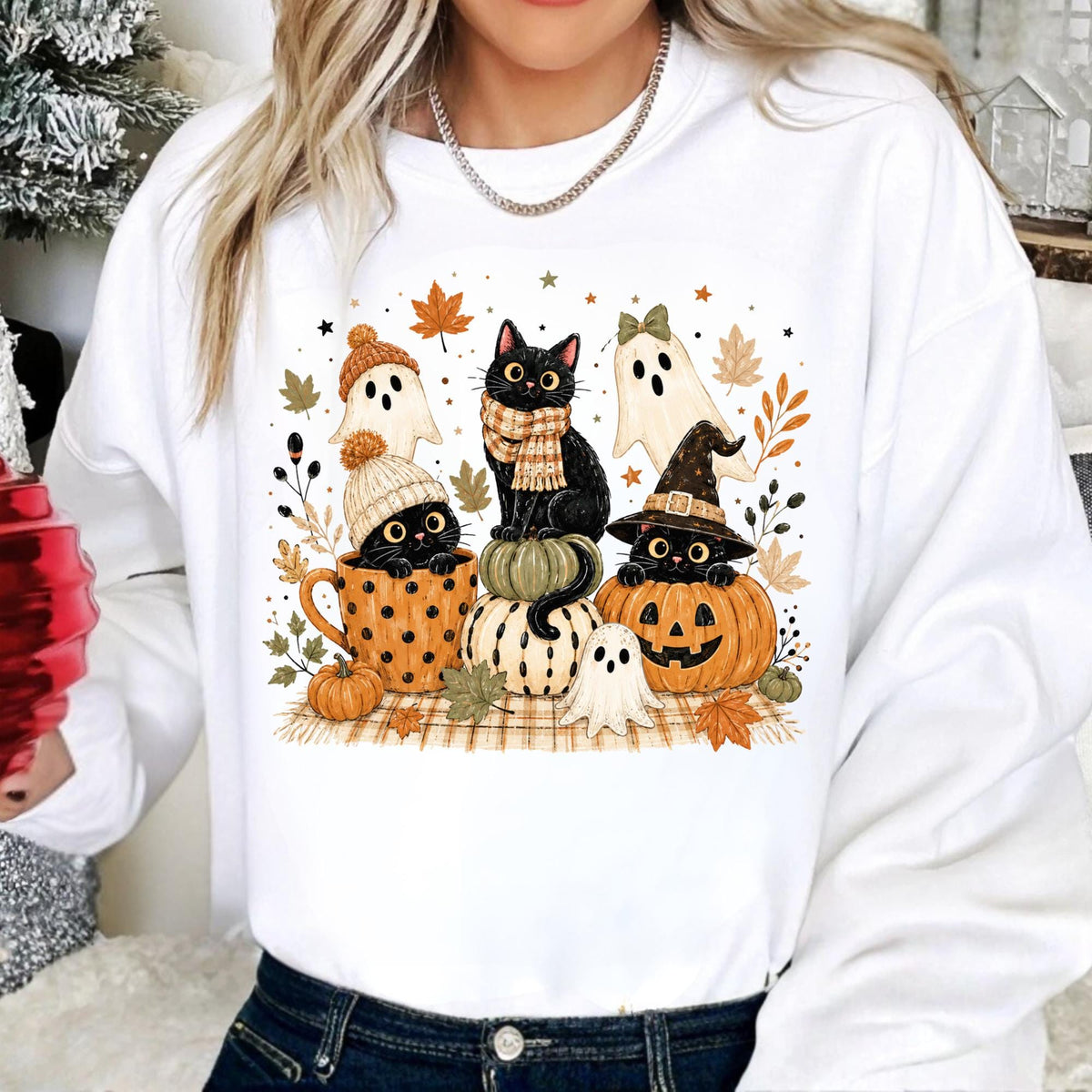 Halloween Cat Sweatshirt, Fall Ghost Pumpkin Crewneck, Cute Witchy Black Cat Autumn Pullover, Spooky Season Gift for Cat Lovers and Fans