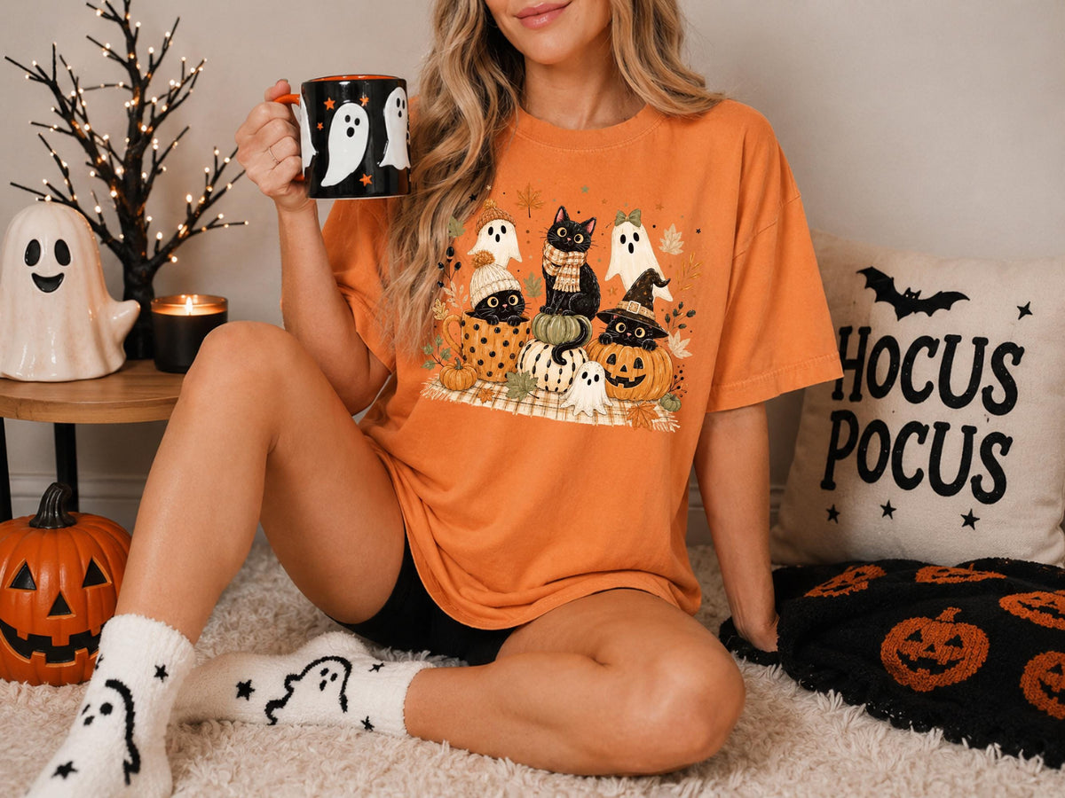 Halloween Cat Sweatshirt, Fall Ghost Pumpkin Crewneck, Cute Witchy Black Cat Autumn Pullover, Spooky Season Gift for Cat Lovers and Fans