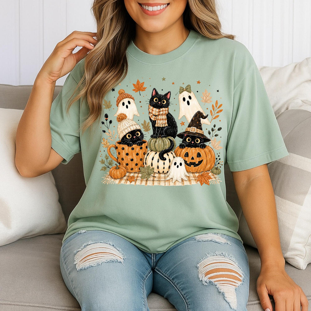 Halloween Cat Sweatshirt, Fall Ghost Pumpkin Crewneck, Cute Witchy Black Cat Autumn Pullover, Spooky Season Gift for Cat Lovers and Fans