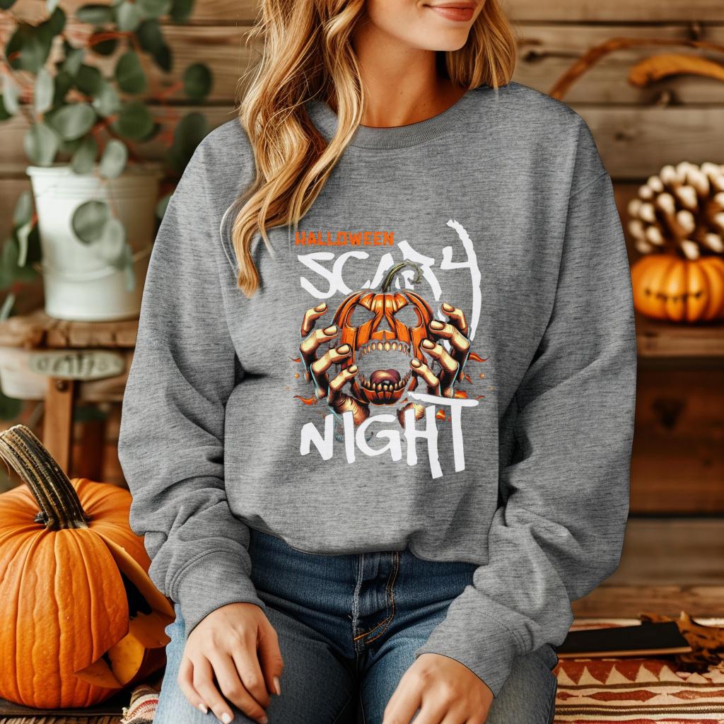 Halloween Scary Night Sweatshirt, Pumpkin Horror Crewneck, Spooky Jack O Lantern Shirt, Haunted Halloween Pullover for Fall Parties