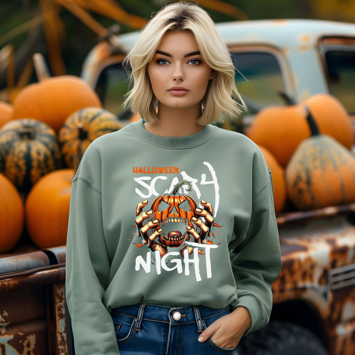 Halloween Scary Night Sweatshirt, Pumpkin Horror Crewneck, Spooky Jack O Lantern Shirt, Haunted Halloween Pullover for Fall Parties