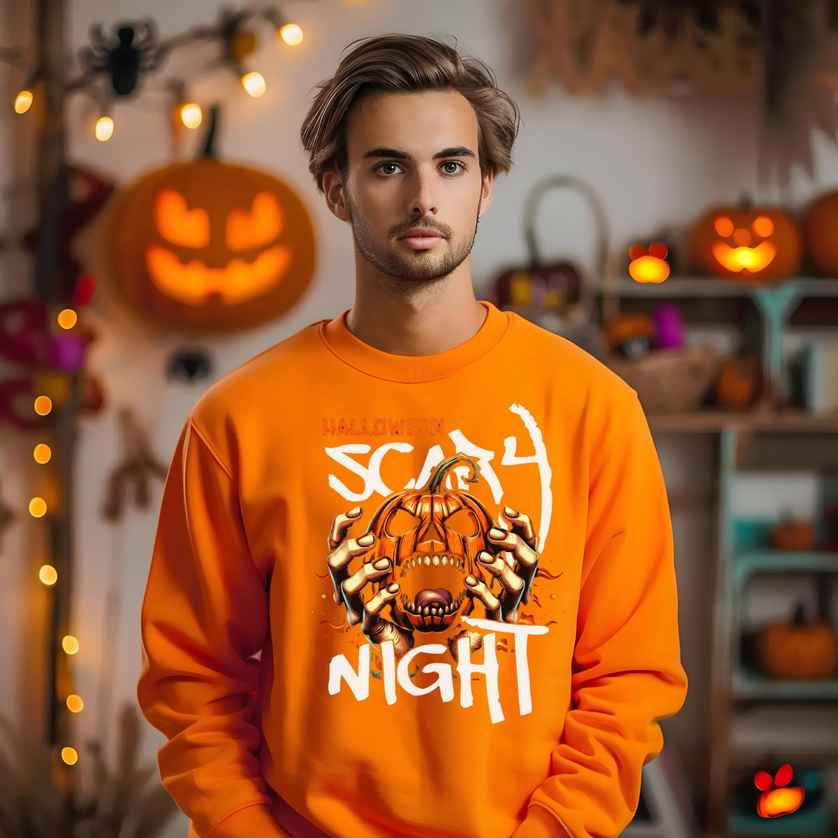 Halloween Scary Night Sweatshirt, Pumpkin Horror Crewneck, Spooky Jack O Lantern Shirt, Haunted Halloween Pullover for Fall Parties