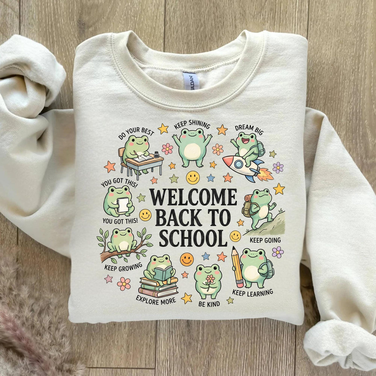 Back to School Frog Sweatshirt, Cute Teacher Gift, Encouraging School Crewneck, Bookish Student Pullover, Kawaii Frog School Gift for Kids